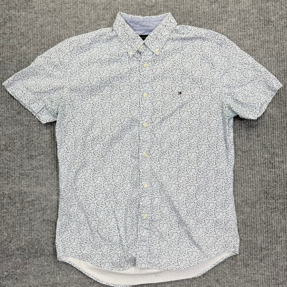 Tommy Hilfiger Mens Short Sleeve Button Down Floral Leaf Print Shirt Blue Large